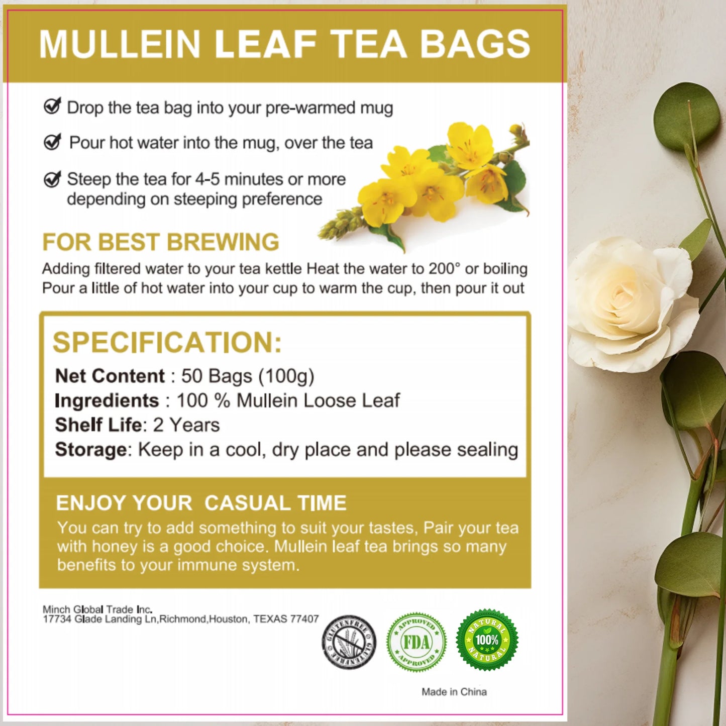 HFU Mullein Leaf Tea Bags, Pure Mullein Leaves for Lung Health, Caffeine Free, Pure Mullein Herbal Tea for Respiratory Support, 50 Servings