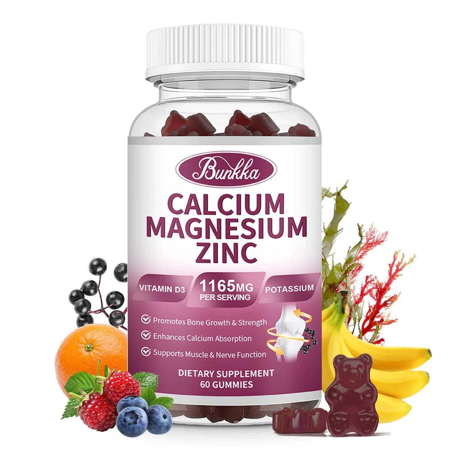 (2 Pack)Calcium Magnesium Zinc Gummies, for Bone, Muscles, Calm Mood,Immune & Sleep Support,60 Count