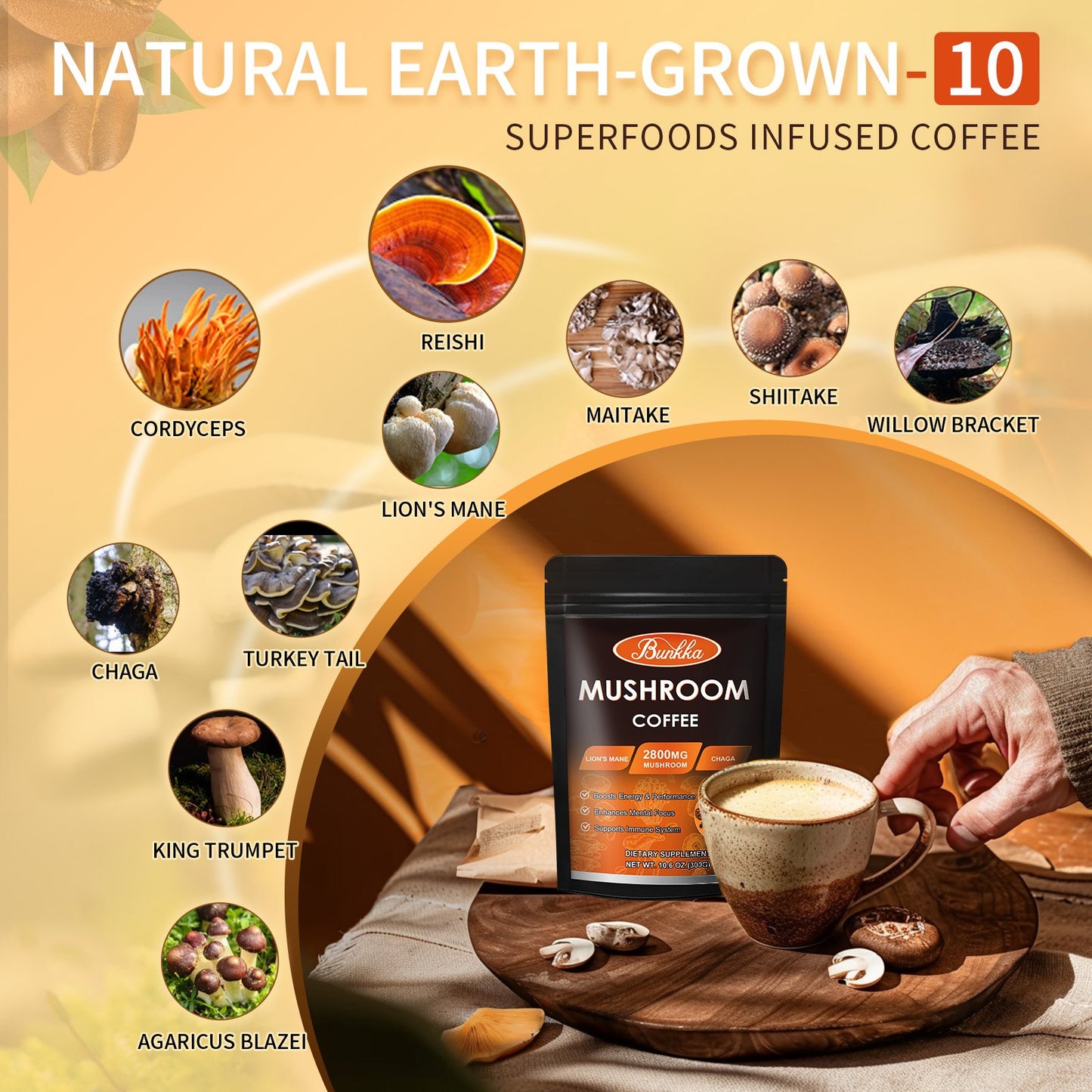 10 Mushrooms Instant Coffee Alternative Packets for Energy, Focus, Immune & Gut Health Support