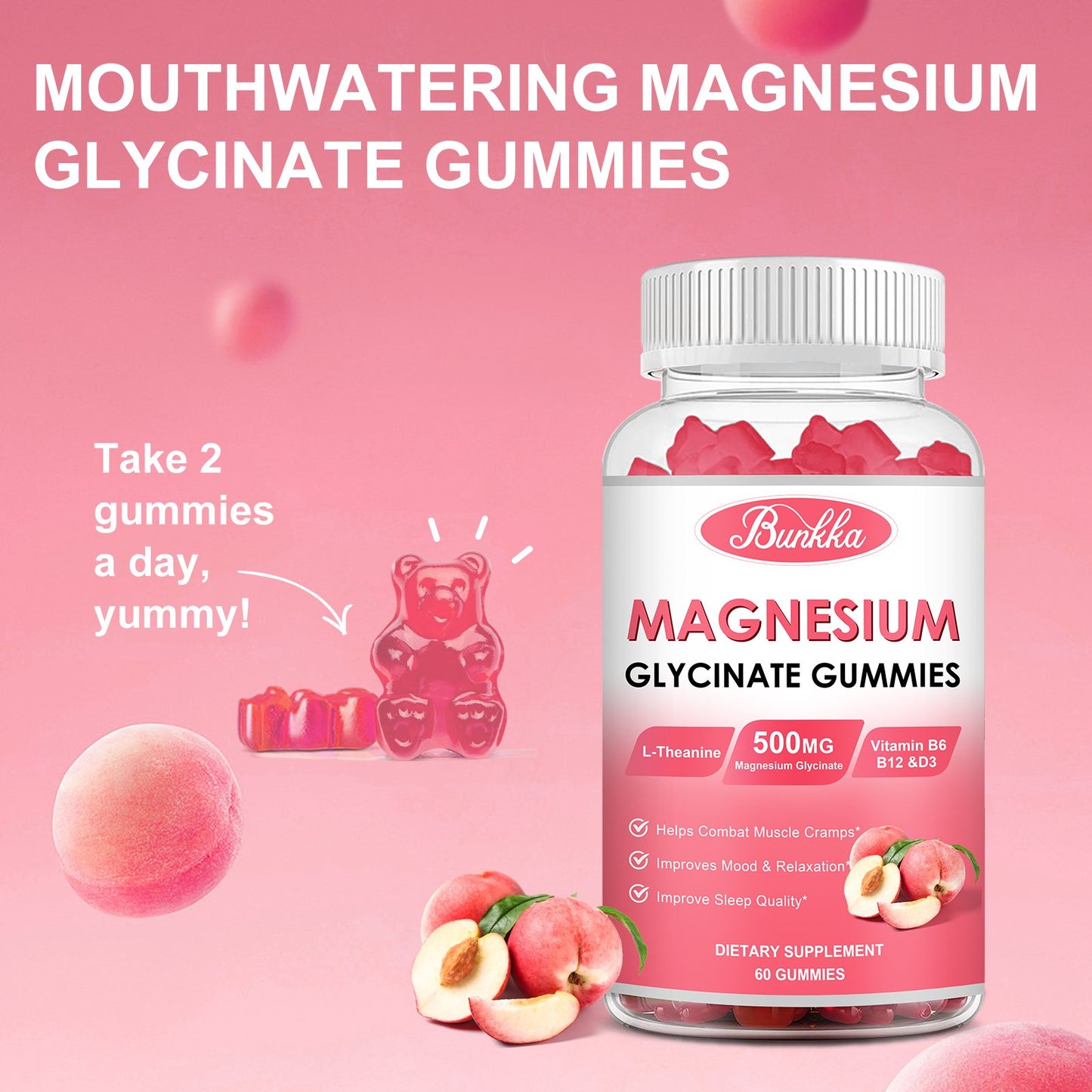 Bunkka Peach Magnesium Gummies Supplement with Potassium, VitaminD, B6 for Calm, Sleep&Stress Relief-Sugar Free