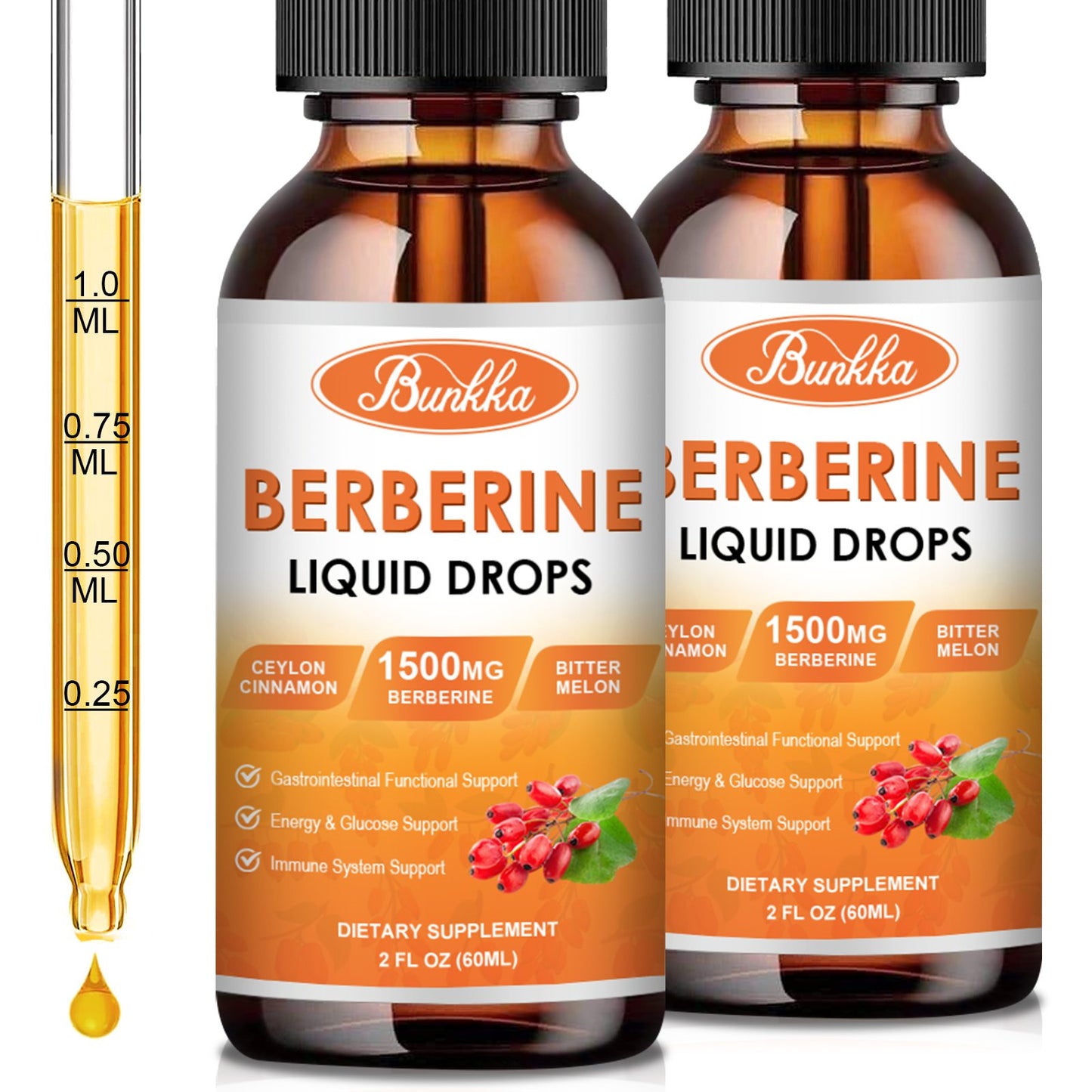 (2 Pack) Berberine Supplement, 1500mg Organic Berberine Liquid Drops with Ceylon Cinnamon, Bitter Melon, Sugar-Free & Vegan Supplement Supports Immune System & Gastrointestinal Care - 4 FL Oz