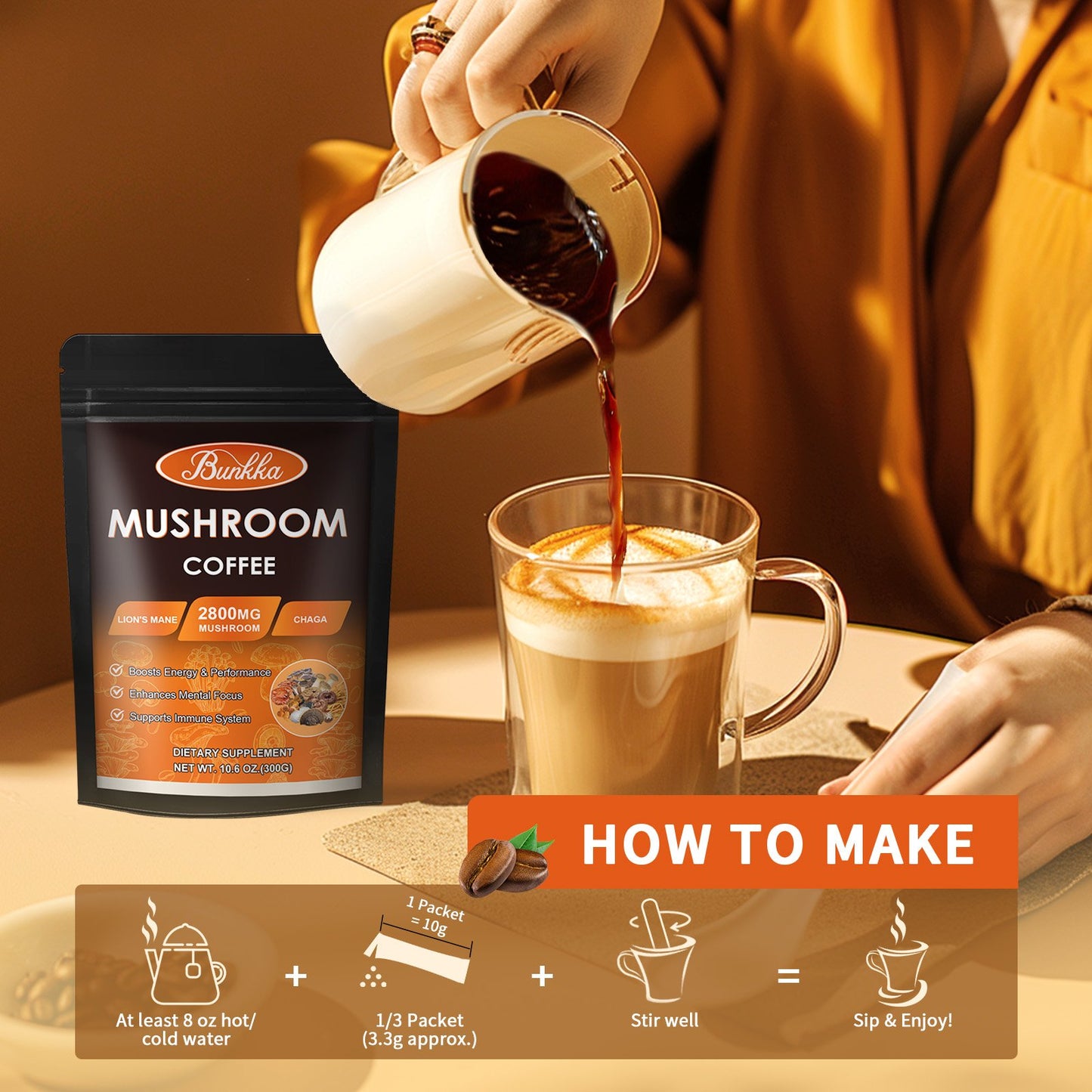 10 Mushrooms Instant Coffee Alternative Packets for Energy, Focus, Immune & Gut Health Support