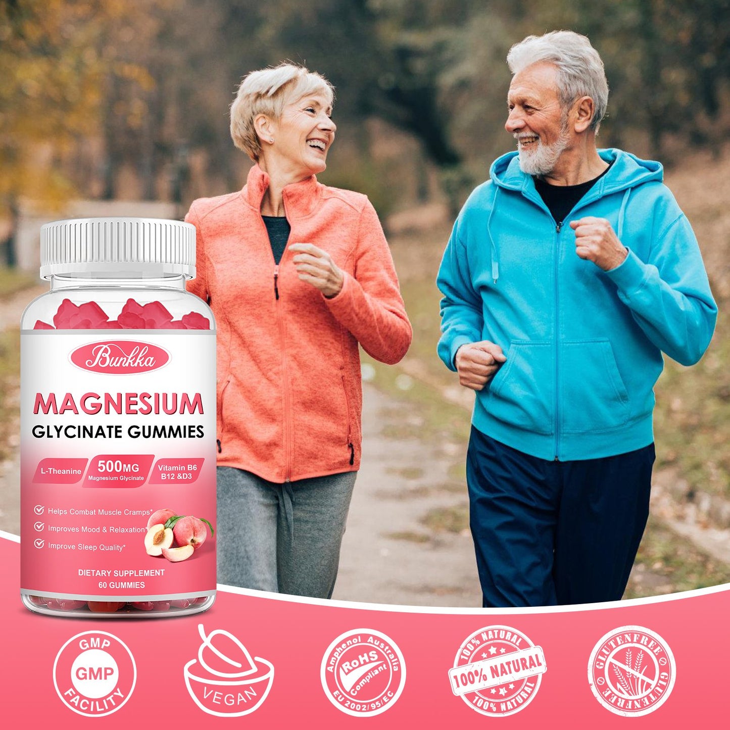 Bunkka Peach Magnesium Gummies Supplement with Potassium, VitaminD, B6 for Calm, Sleep&Stress Relief-Sugar Free