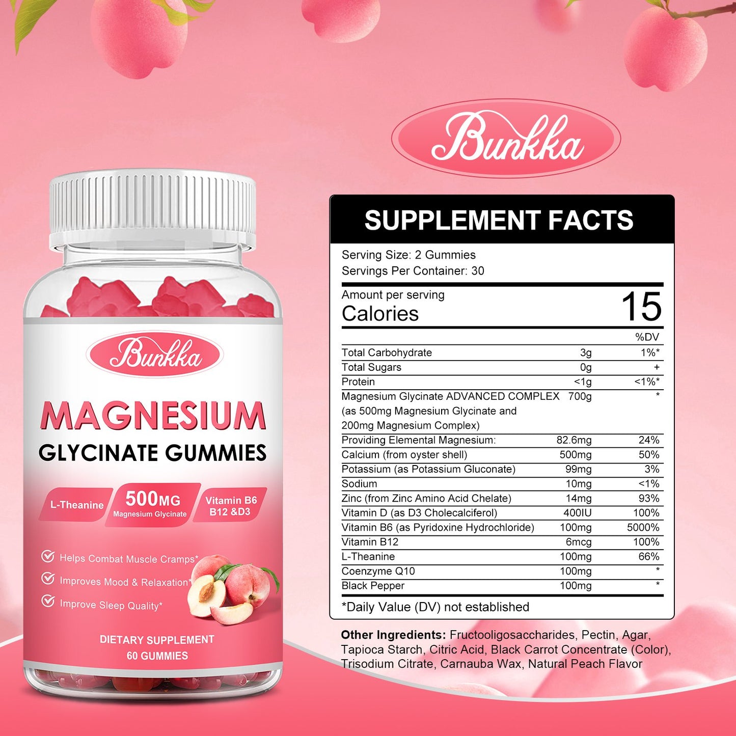 Bunkka Peach Magnesium Gummies Supplement with Potassium, VitaminD, B6 for Calm, Sleep&Stress Relief-Sugar Free