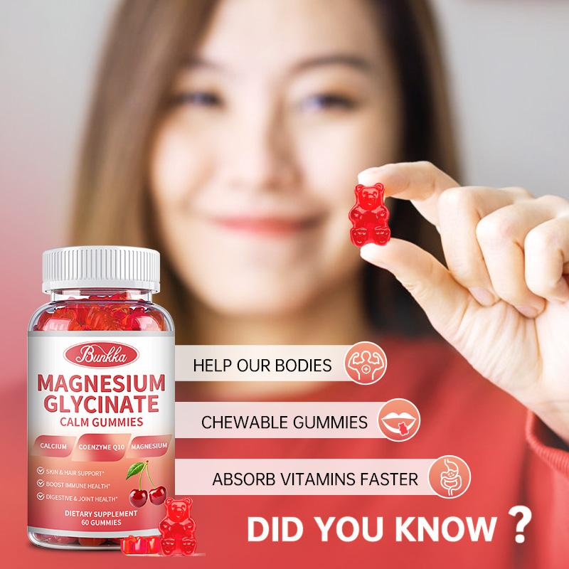 Bunkka Magnesium Glyciniate Gummies with Calcium Pottasium Vitamin Coq10 Bone Joint Brain Health Muscle Cramp Sleep Quality
