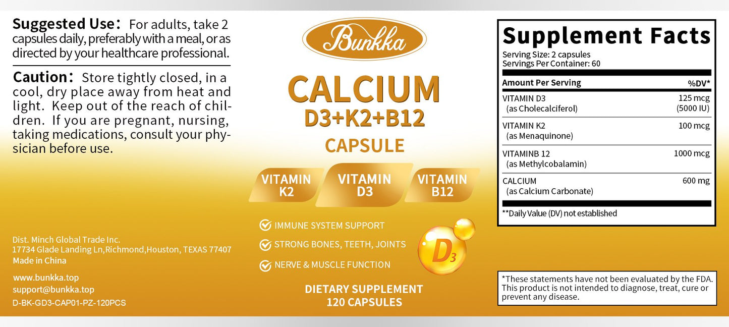 BUNKKA 4-in-1 Calcium Supplements for Women & Men - Calcium 600mg with Vitamin D3 K2 B12 for Strong Bones,Teeth & Joints, Promotes Nerve & Heart Health