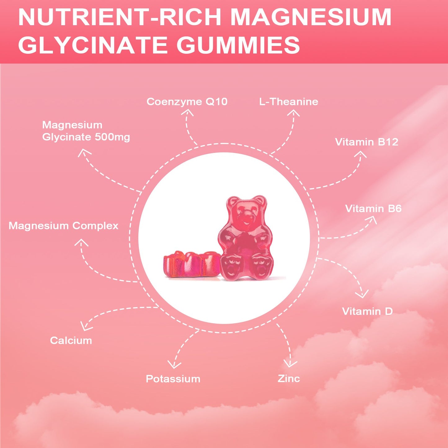 Bunkka Peach Magnesium Gummies Supplement with Potassium, VitaminD, B6 for Calm, Sleep&Stress Relief-Sugar Free