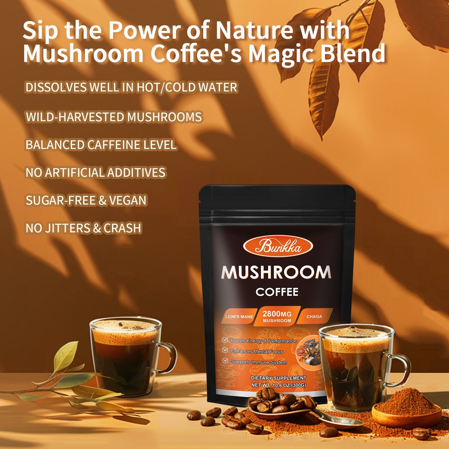 10 Mushrooms Instant Coffee Alternative Packets for Energy, Focus, Immune & Gut Health Support