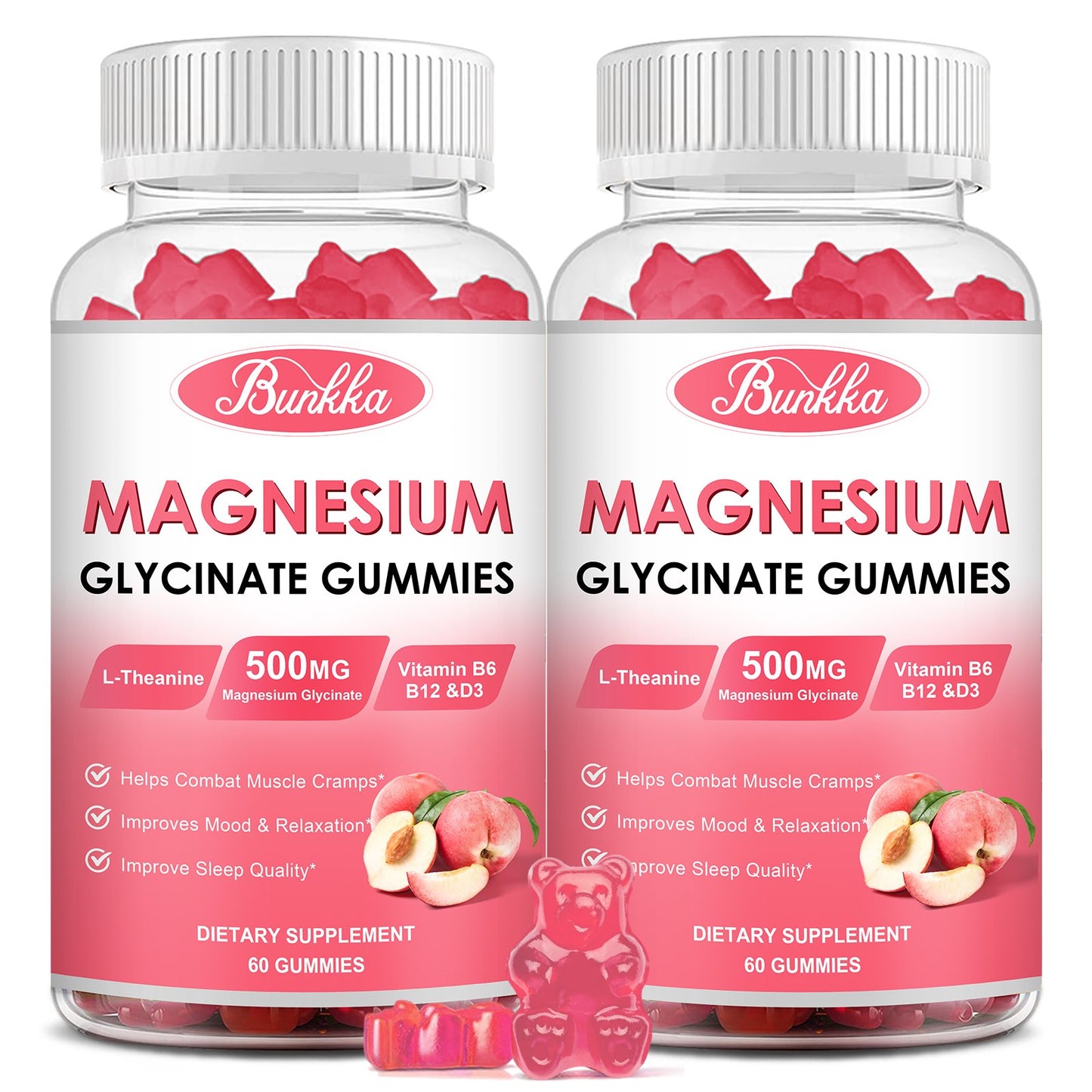 Bunkka Peach Magnesium Gummies Supplement with Potassium, VitaminD, B6 for Calm, Sleep&Stress Relief-Sugar Free