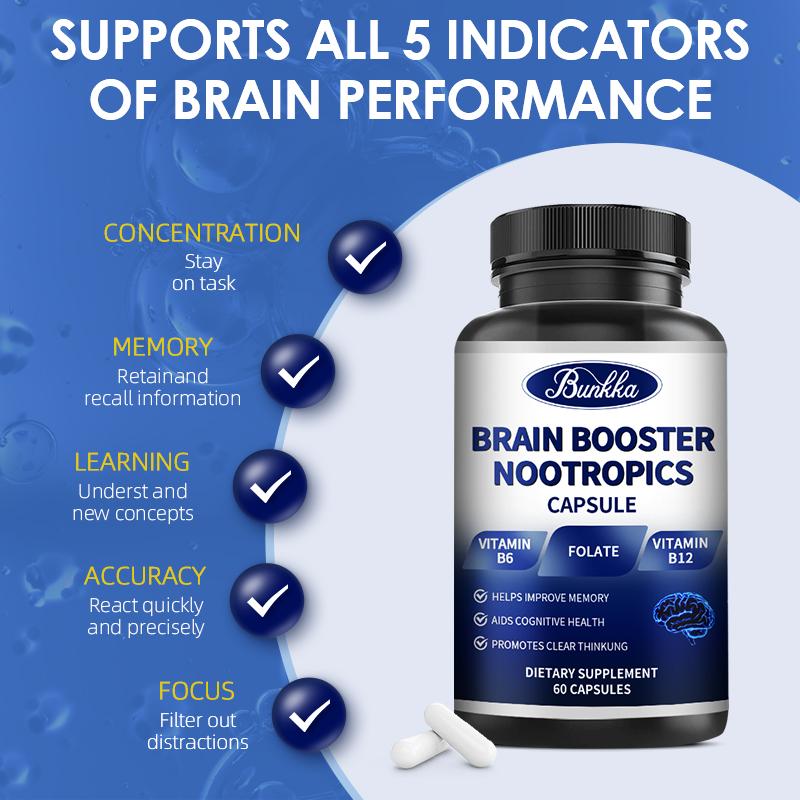 Bunkka Brain Booster Nootropics Capsules with Vitamin B6 Phosphatidylserine Brain Memory Cognitive Health Strengthen Focus