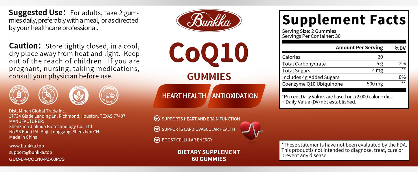 BUNKKA CoQ10 Gummies 500mg For Joint Health Support Cardiovascular and Heart Health Energy Production Antioxidant Coenzyme Q10