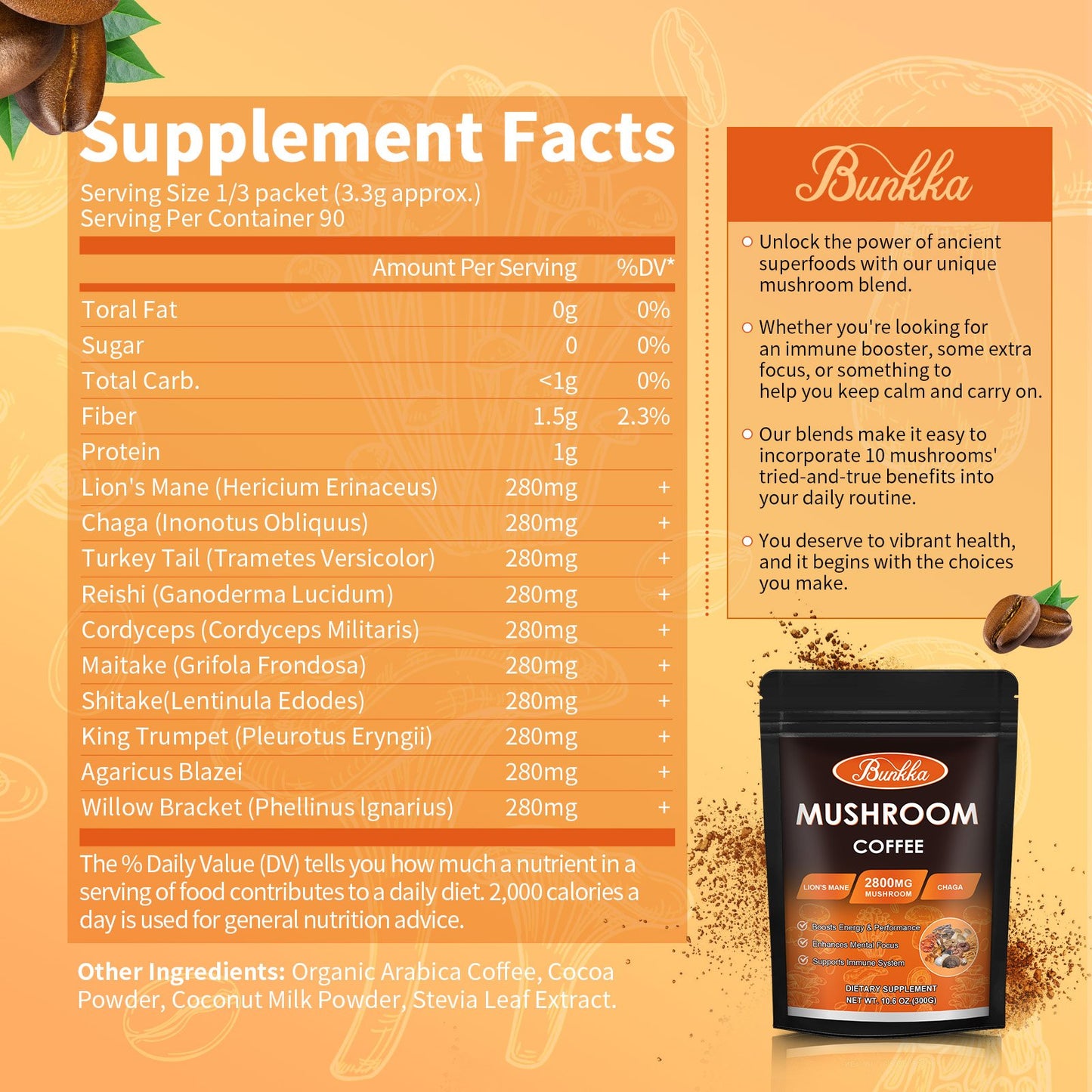 10 Mushrooms Instant Coffee Alternative Packets for Energy, Focus, Immune & Gut Health Support
