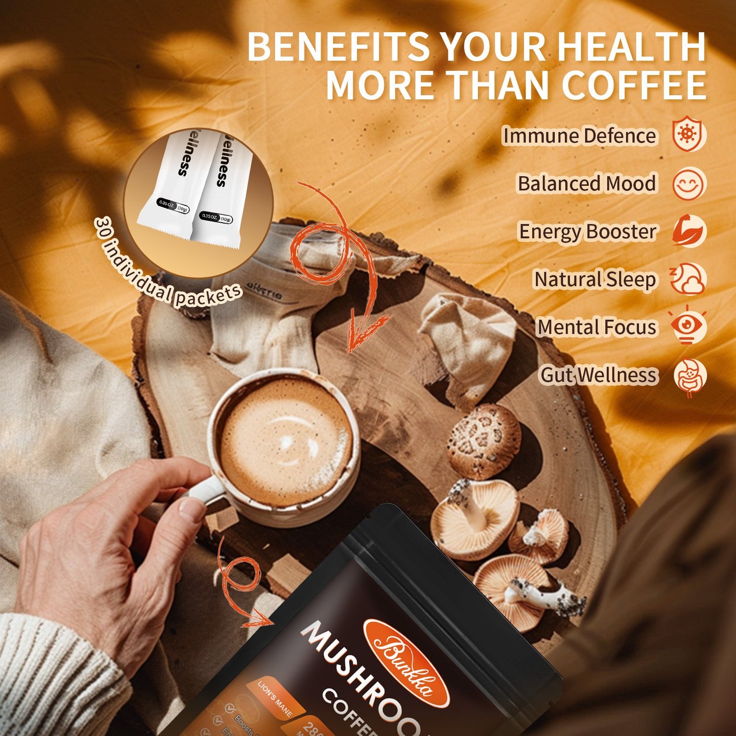 10 Mushrooms Instant Coffee Alternative Packets for Energy, Focus, Immune & Gut Health Support