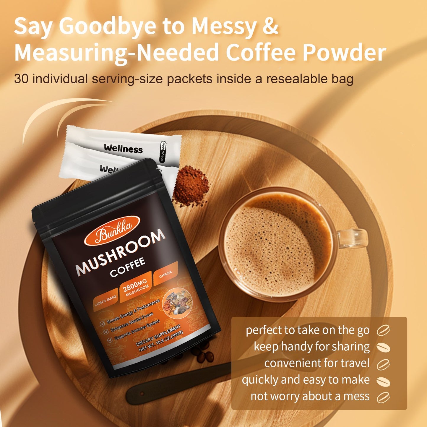 10 Mushrooms Instant Coffee Alternative Packets for Energy, Focus, Immune & Gut Health Support
