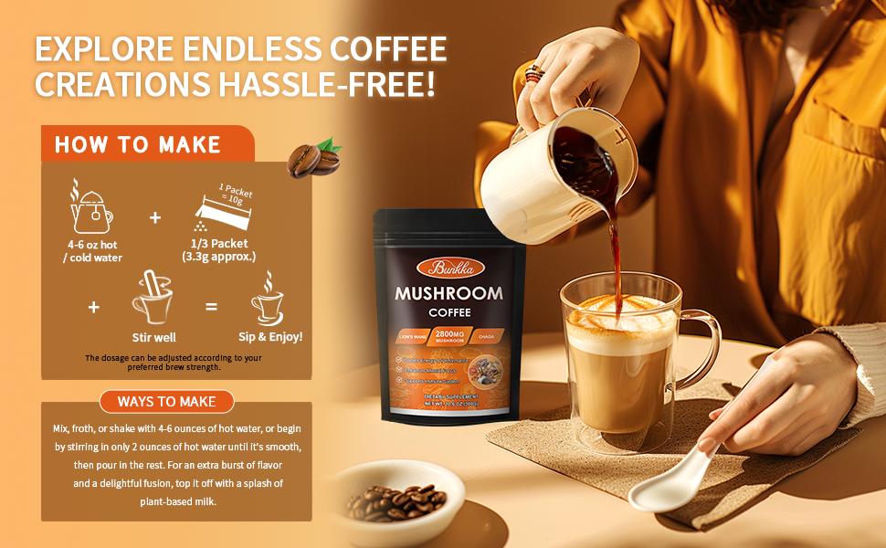 10 Mushrooms Instant Coffee Alternative Packets for Energy, Focus, Immune & Gut Health Support