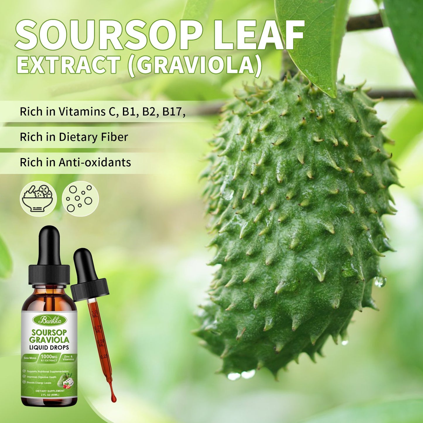 2 Packs Soursop Graviola Leaf Extract Liquid Drops with Sea Moss-Strawberry Flavor