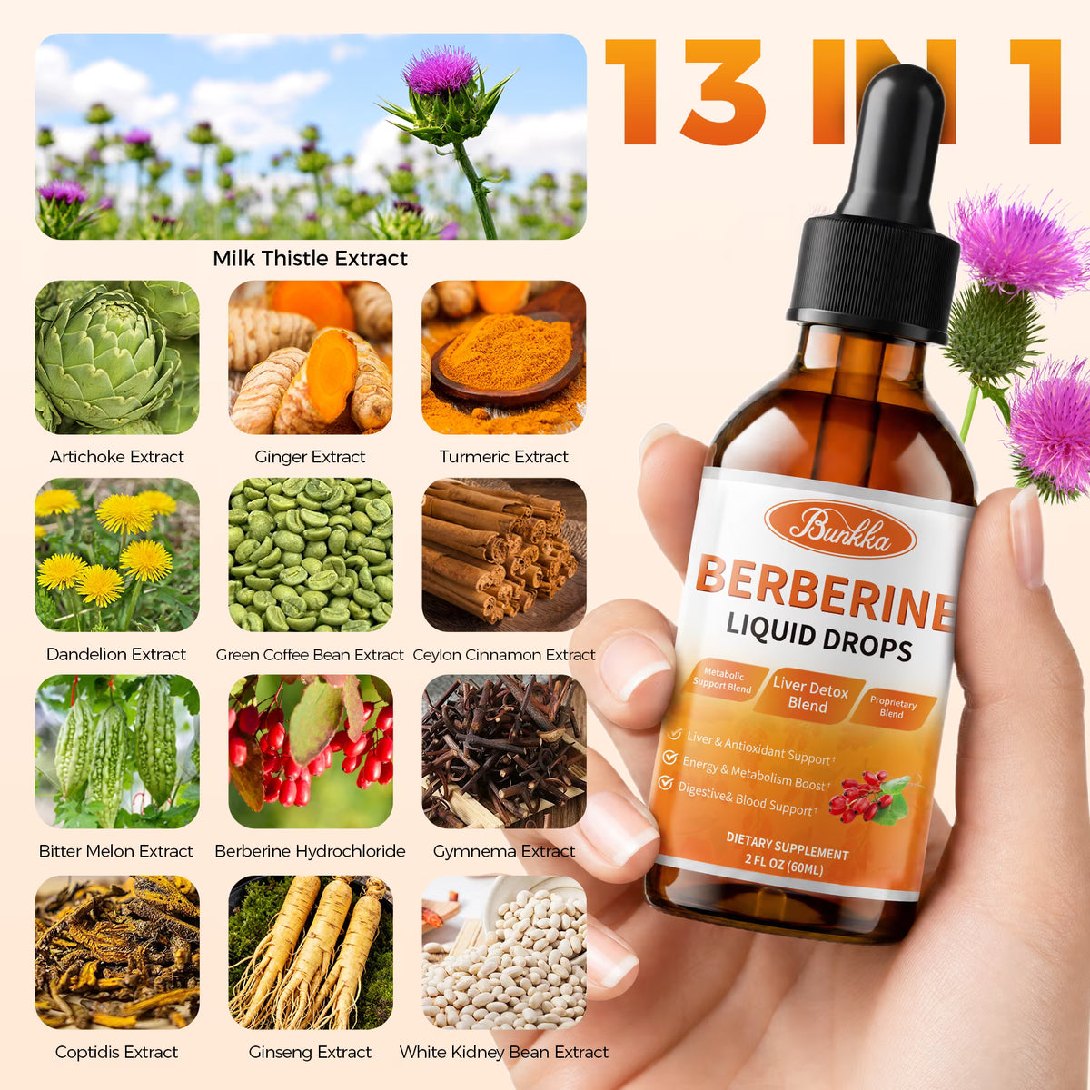 Berberine HCI with Ceylon Cinnamon - Berberine HCI Supplement Liquid Drops - Healthy Immune Function, Anti-oxidant,Gastrointestinal & Overall Wellness - 4FL oz by BK