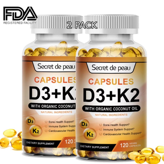 (2 Pack)Secret de peau Capsules D3 + K2 Vitamin Supplement,Supports Immune System,Heart,Bones,120 Ct
