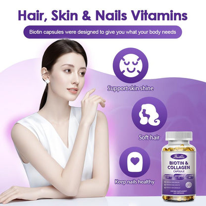 Bunkka Biotin 5,000mcg Capsules Keratin Hyaluronic Acid with Vitamin C、D、B7 Hair Growth Support Skin &amp; Nails Health Supplement