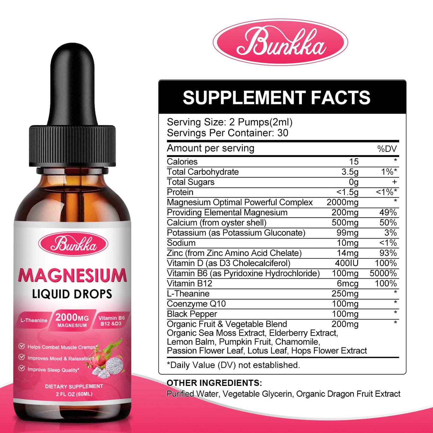Magnesium Glycinate 500mg Supplement, Magnesium Glycinate Liquid Drops with Magnesium Malate, Taurate, Citrate & Calcium Zinc, Magnesium Complex Supplement -Dragon Fruit Flavor
