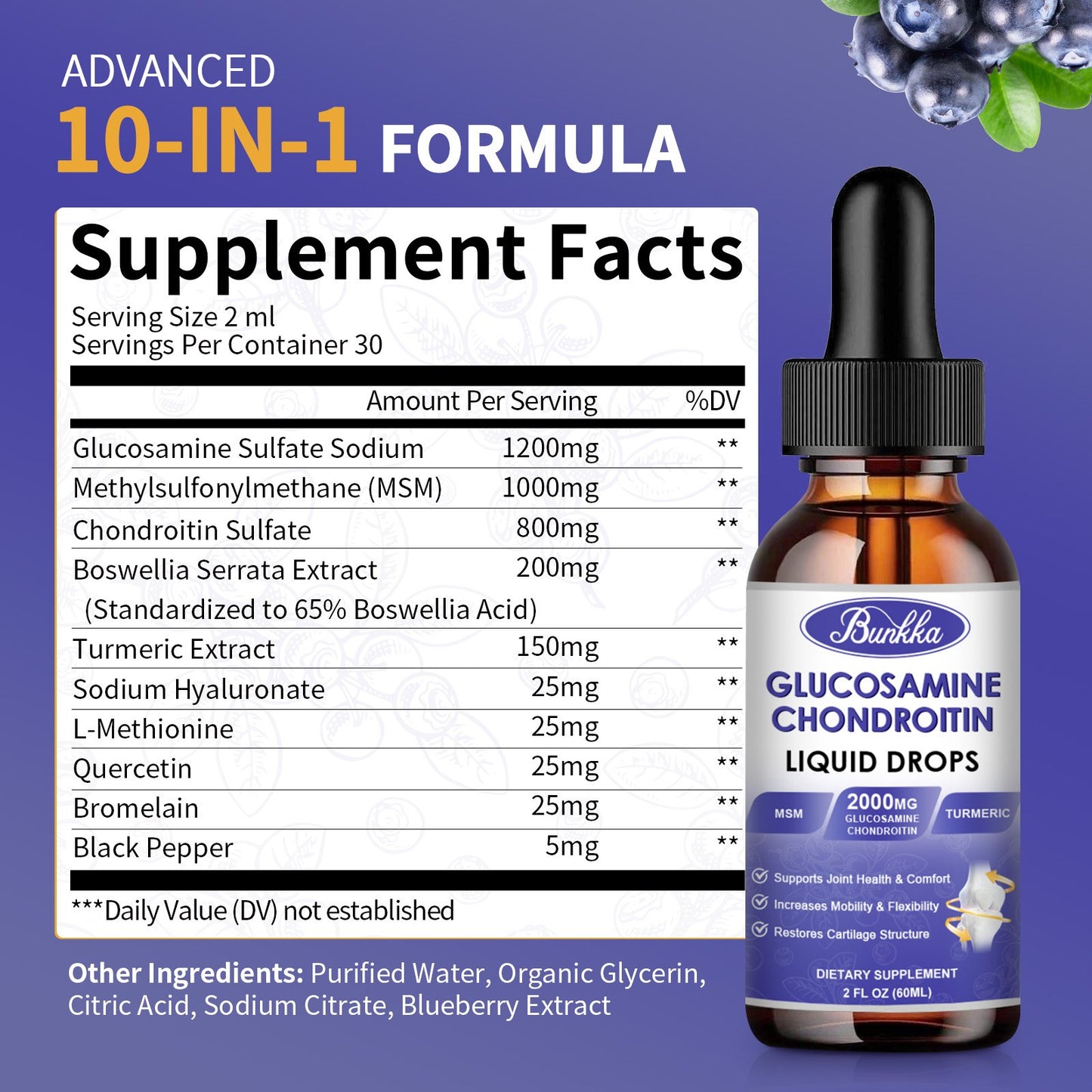 Bunkka Glucosamine Chondroitin MSM Liquid Drops Support Supplement Supports Healthy Joints