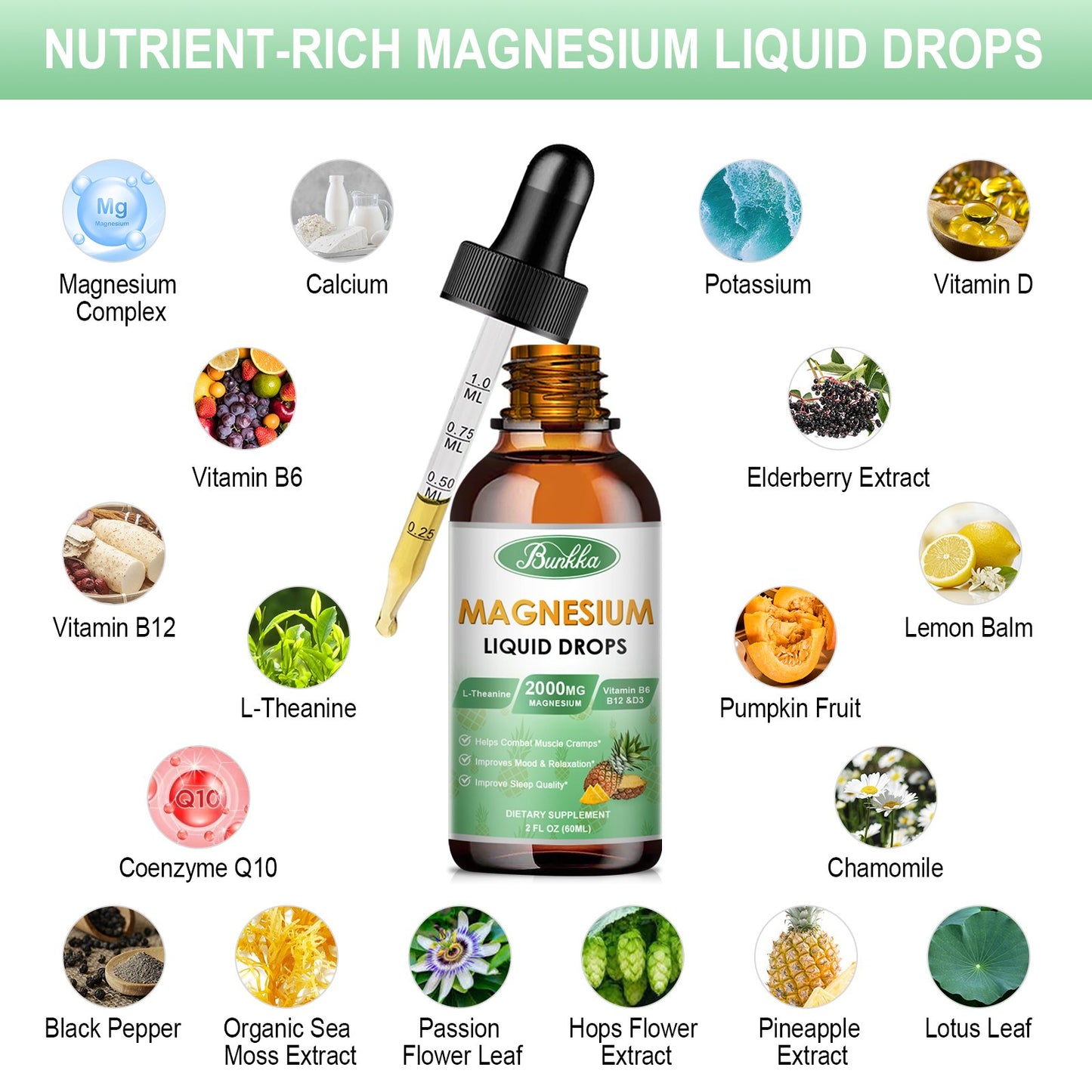 Magnesium Glycinate Supplement, Magnesium Liquid Drops with 500mg Magnesium Glycinate, Magnesium Citrate, VitaminD,B - 30 Day Supply