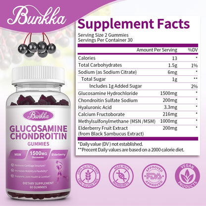 Bunkka 2 Pack Glucosamine Chondroitin Gummies Extra Strength w/MSM,Elderberry,Hyaluronic Acid-Chewable Joint Support Supplement for Women,Men,Adults-Antioxidant Support for Joint Comfort & Mobility