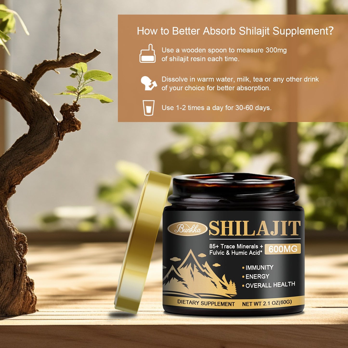 Pure Himalayan Shilajit Organic Resin - 600mg High Purity Supplement with 85+ Trace Minerals & Fulvic Acid for Energy & Immune Support