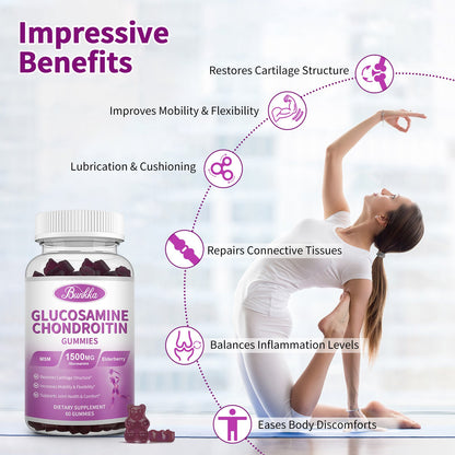 Bunkka 2 Pack Glucosamine Chondroitin Gummies Extra Strength w/MSM,Elderberry,Hyaluronic Acid-Chewable Joint Support Supplement for Women,Men,Adults-Antioxidant Support for Joint Comfort & Mobility