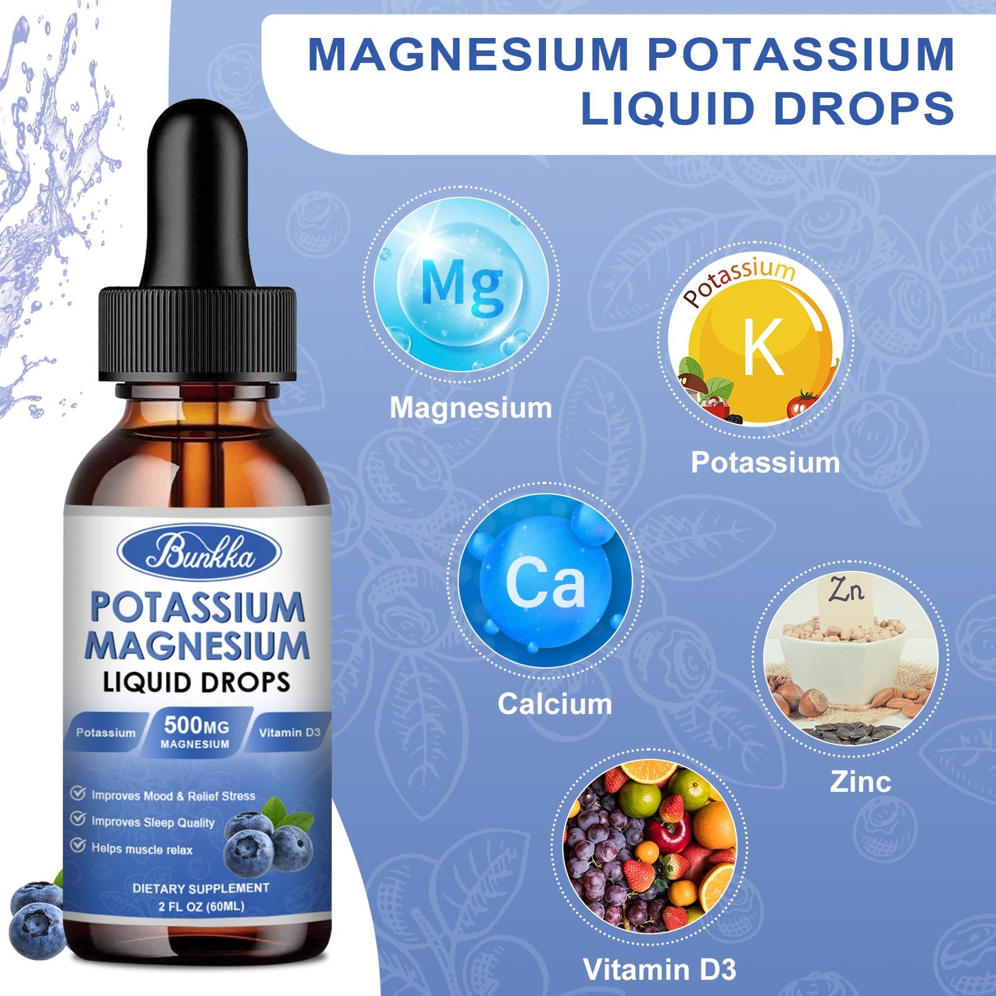 Potassium Magnesium Liquid Drops Supplement  Vitamin D3, Zinc, Sugar Free & Vegan for Leg Cramps