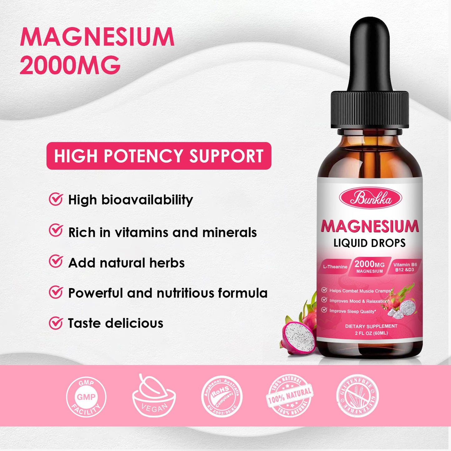 Magnesium Glycinate 500mg Supplement, Magnesium Glycinate Liquid Drops with Magnesium Malate, Taurate, Citrate & Calcium Zinc, Magnesium Complex Supplement -Dragon Fruit Flavor
