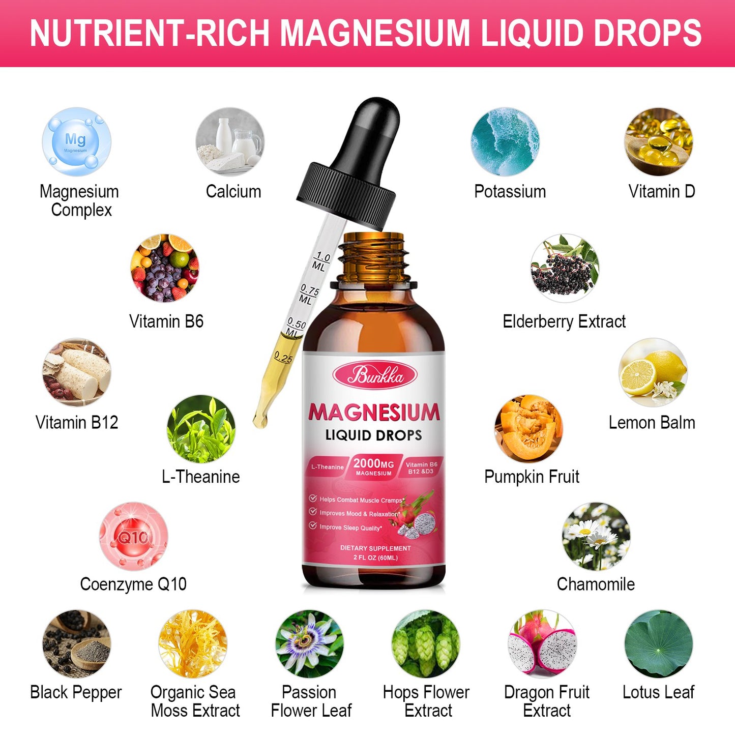 Magnesium Glycinate 500mg Supplement, Magnesium Glycinate Liquid Drops with Magnesium Malate, Taurate, Citrate & Calcium Zinc, Magnesium Complex Supplement -Dragon Fruit Flavor