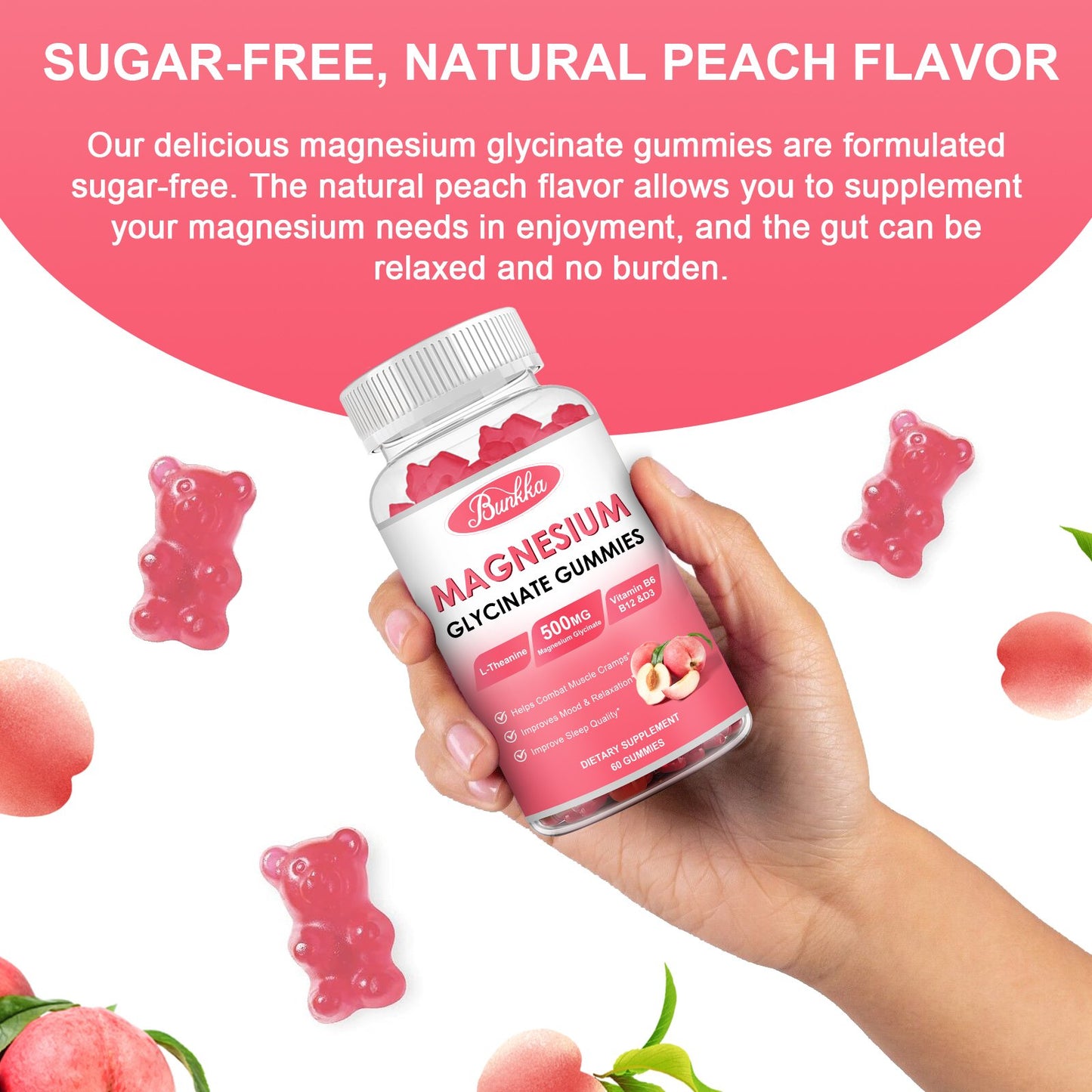 Bunkka  Peach Magnesium Gummies Supplement with Potassium, VitaminD, B6 for Calm, Sleep&Stress Relief-Sugar Free