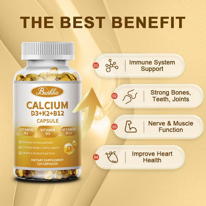 BUNKKA 4-in-1 Calcium Supplements for Women & Men - Calcium 600mg with Vitamin D3 K2 B12 for Strong Bones,Teeth & Joints, Promotes Nerve & Heart Health