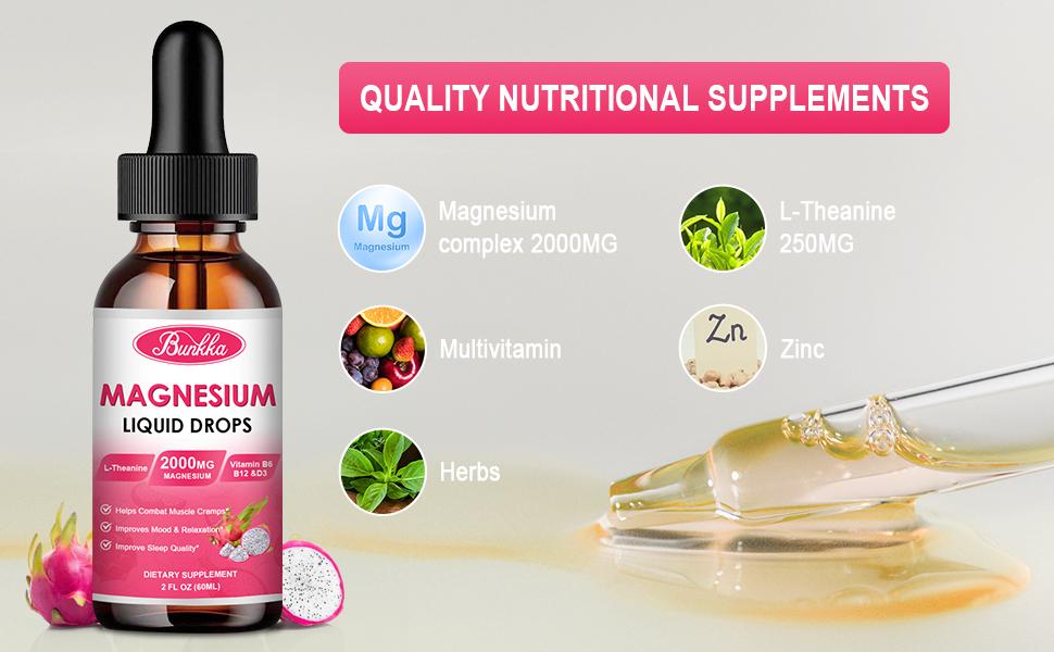 Magnesium Glycinate 500mg Supplement, Magnesium Glycinate Liquid Drops with Magnesium Malate, Taurate, Citrate & Calcium Zinc, Magnesium Complex Supplement -Dragon Fruit Flavor