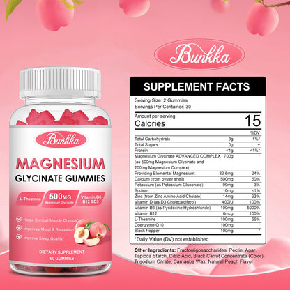 Bunkka  Peach Magnesium Gummies Supplement with Potassium, VitaminD, B6 for Calm, Sleep&Stress Relief-Sugar Free