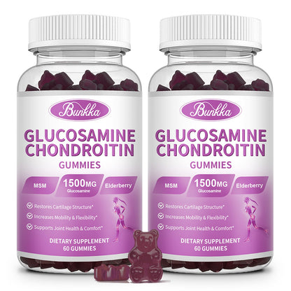 Bunkka 2 Pack Glucosamine Chondroitin Gummies Extra Strength w/MSM,Elderberry,Hyaluronic Acid-Chewable Joint Support Supplement for Women,Men,Adults-Antioxidant Support for Joint Comfort & Mobility