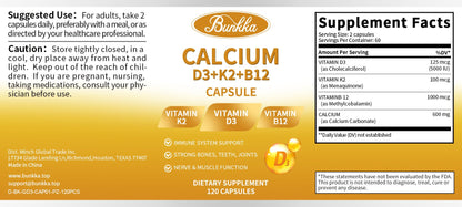 BUNKKA 4-in-1 Calcium Supplements for Women & Men - Calcium 600mg with Vitamin D3 K2 B12 for Strong Bones,Teeth & Joints, Promotes Nerve & Heart Health