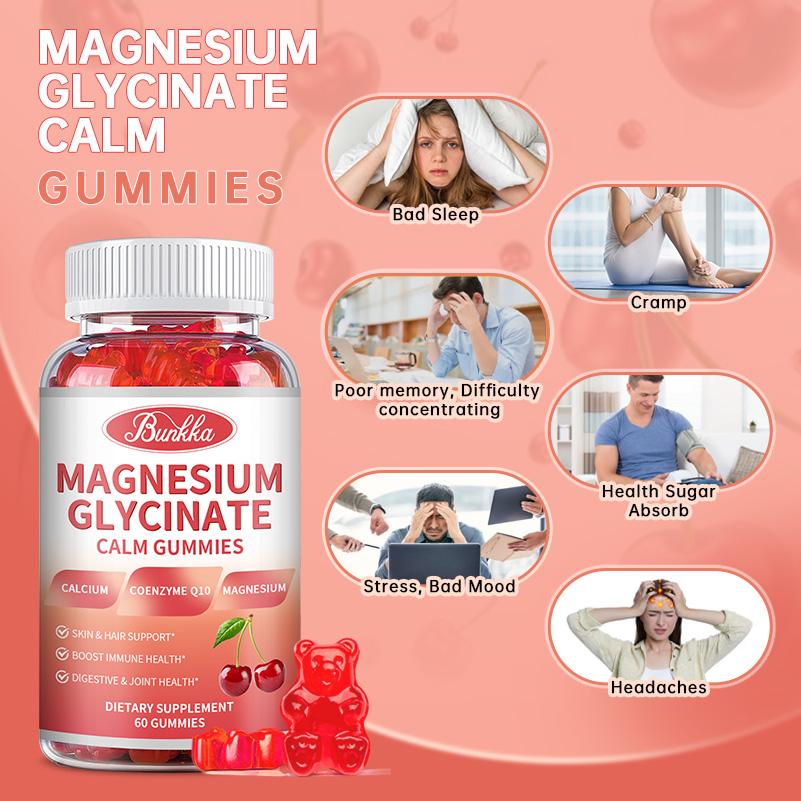 Bunkka Magnesium Glyciniate Gummies with Calcium Pottasium Vitamin Coq10 Bone Joint Brain Health Muscle Cramp Sleep Quality