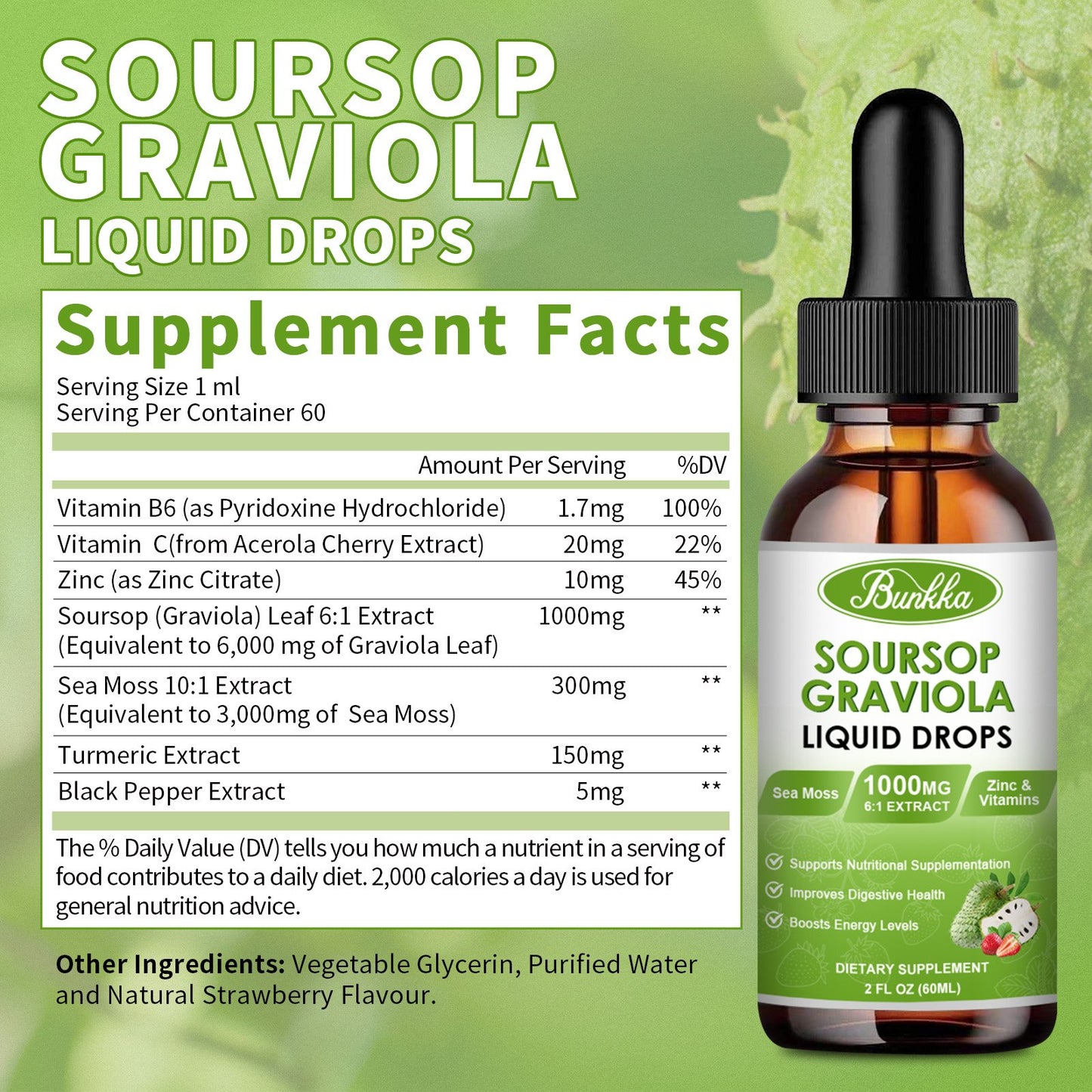 2 Packs Soursop Graviola Leaf Extract Liquid Drops with Sea Moss-Strawberry Flavor