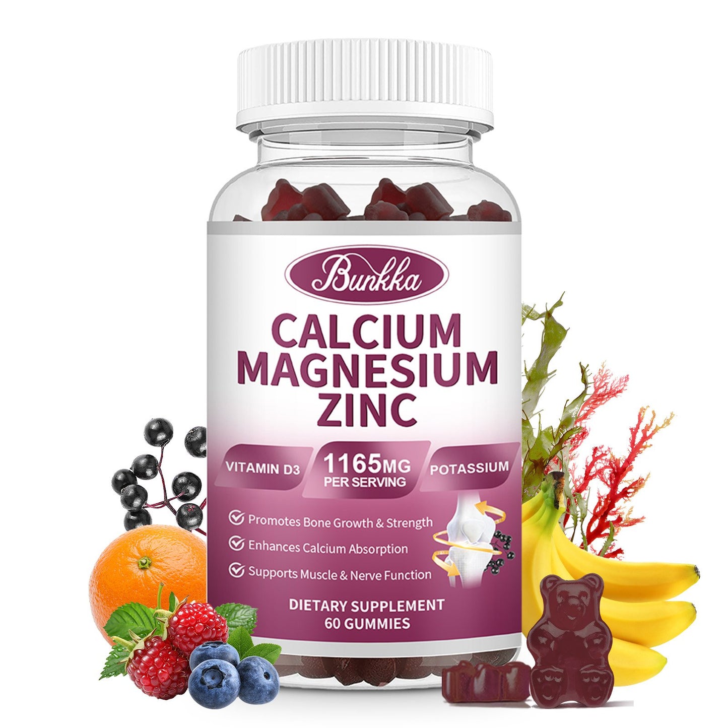 Bunkka Calcium Magnesium Zinc Vitamin D3 Gummies Dietary Supplement