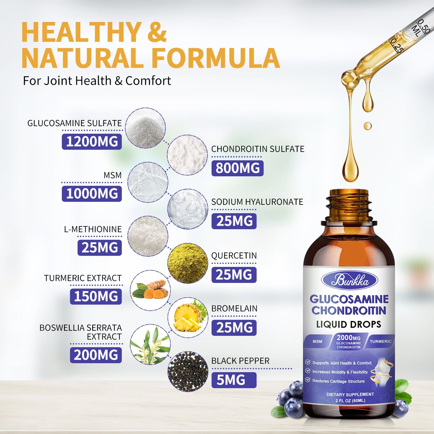 Bunkka Glucosamine Chondroitin MSM Liquid Drops Support Supplement Supports Healthy Joints