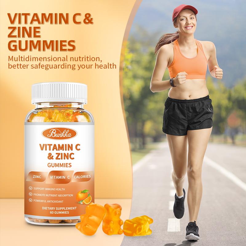 BUNKKA Vitamin C 1000Mg With Zinc Gummies For Cellular Energy Production and Collagen Synthesis Immune Health Promote Metabolism Antioxidant