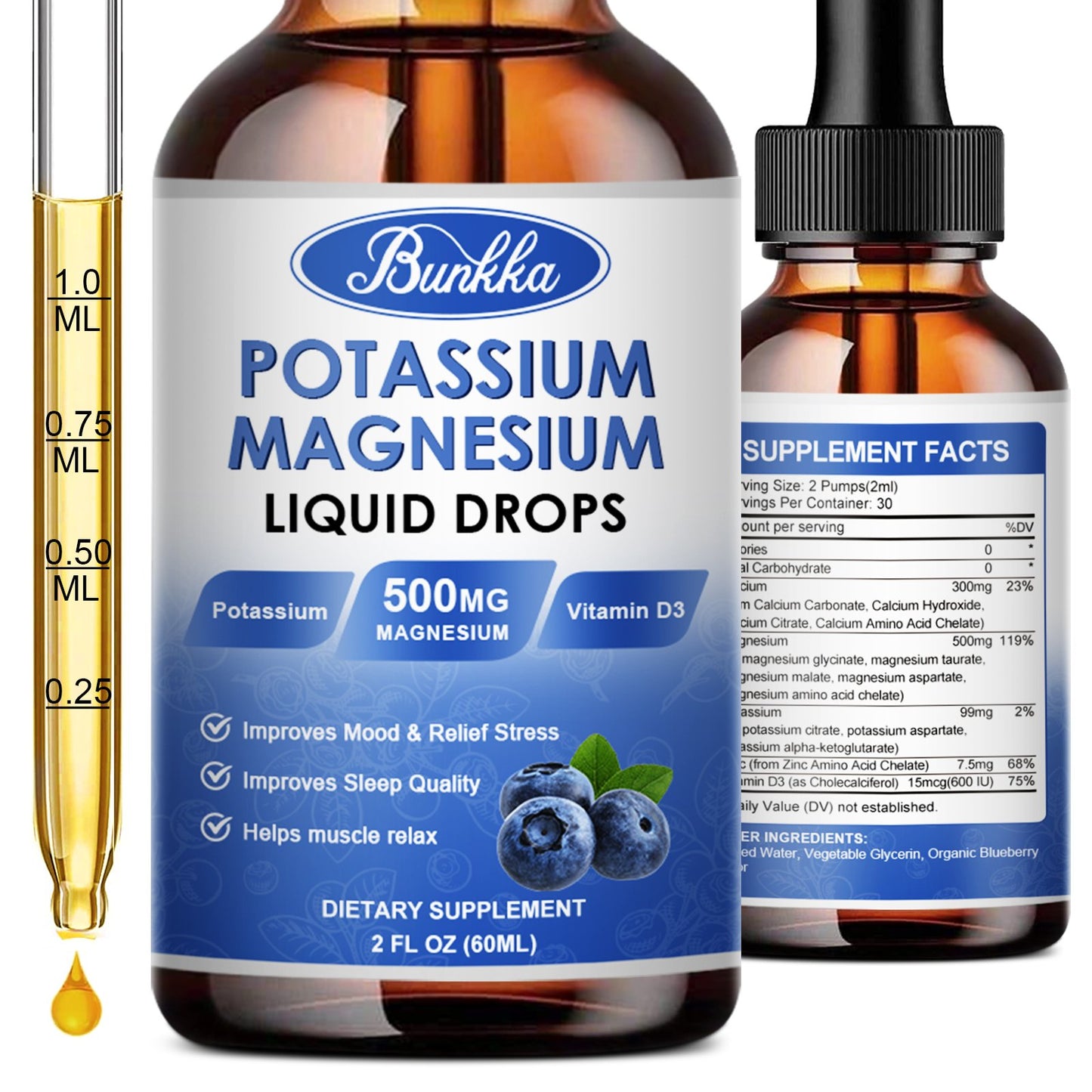 Potassium Magnesium Liquid Drops Supplement  Vitamin D3, Zinc, Sugar Free & Vegan for Leg Cramps