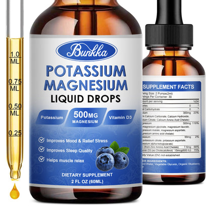 Potassium Magnesium Liquid Drops Supplement  Vitamin D3, Zinc, Sugar Free & Vegan for Leg Cramps