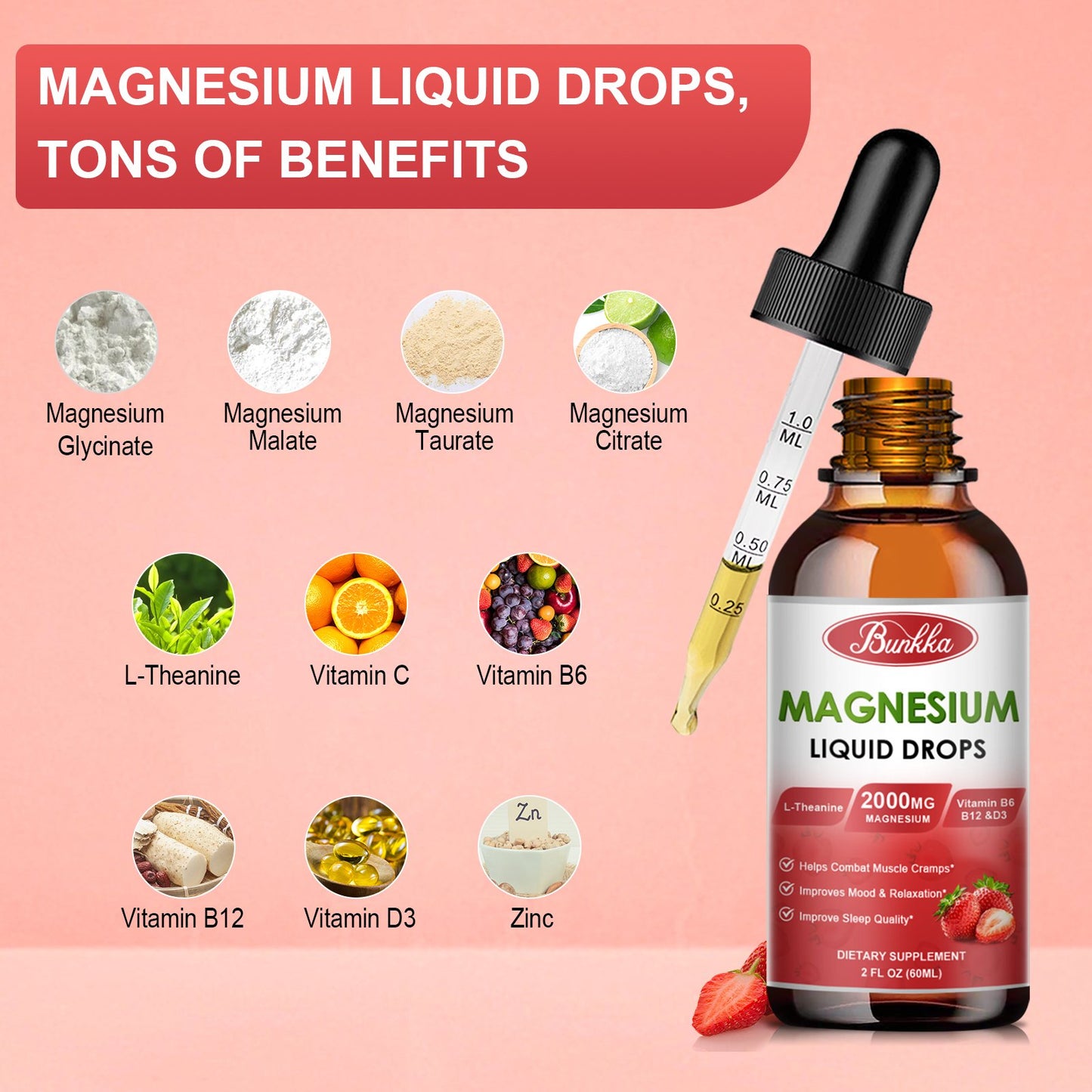 2 Packs Magnesium Glycinate Liquid Drops-Strawberry Flavor