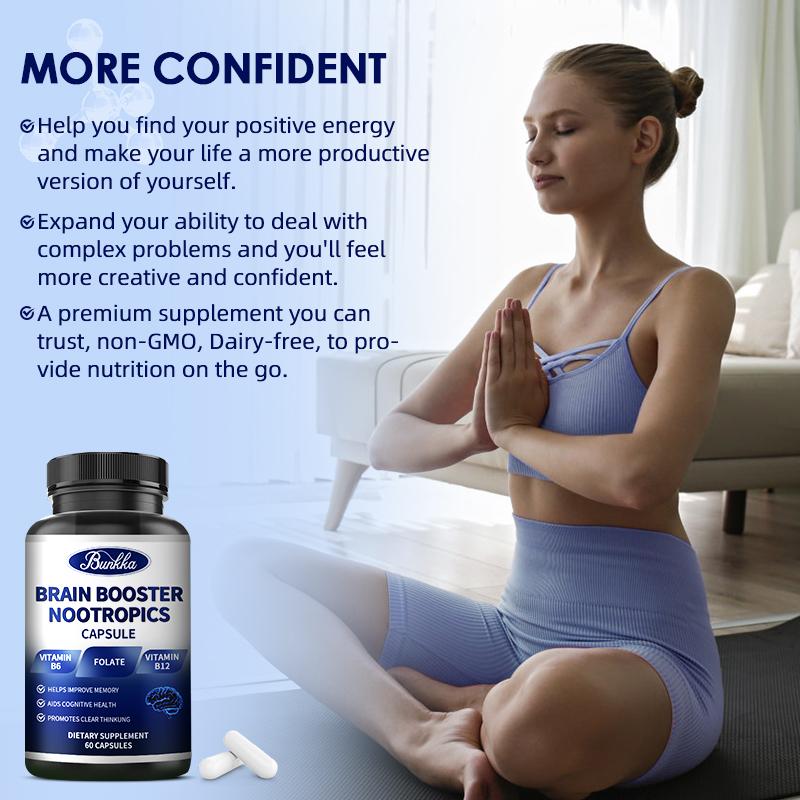 Bunkka Brain Booster Nootropics Capsules with Vitamin B6 Phosphatidylserine Brain Memory Cognitive Health Strengthen Focus