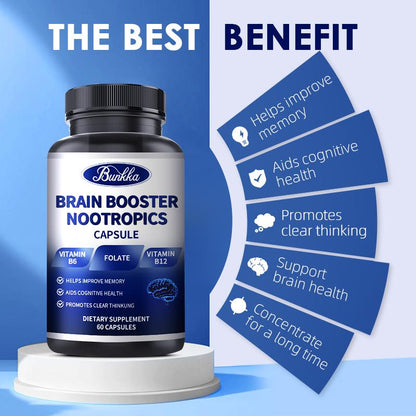 Bunkka Brain Booster Nootropics Capsules with Vitamin B6 Phosphatidylserine Brain Memory Cognitive Health Strengthen Focus