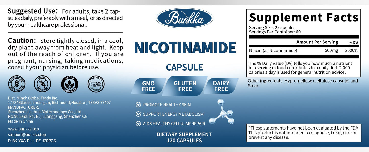 BUNKKA Nicotinamide 500mg Vitamin B3 Supplement for Skin Brightening Anti-Aging Energy Focus Support Fine Line Smoothing