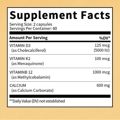 BUNKKA 4-in-1 Calcium Supplements for Women & Men - Calcium 600mg with Vitamin D3 K2 B12 for Strong Bones,Teeth & Joints, Promotes Nerve & Heart Health